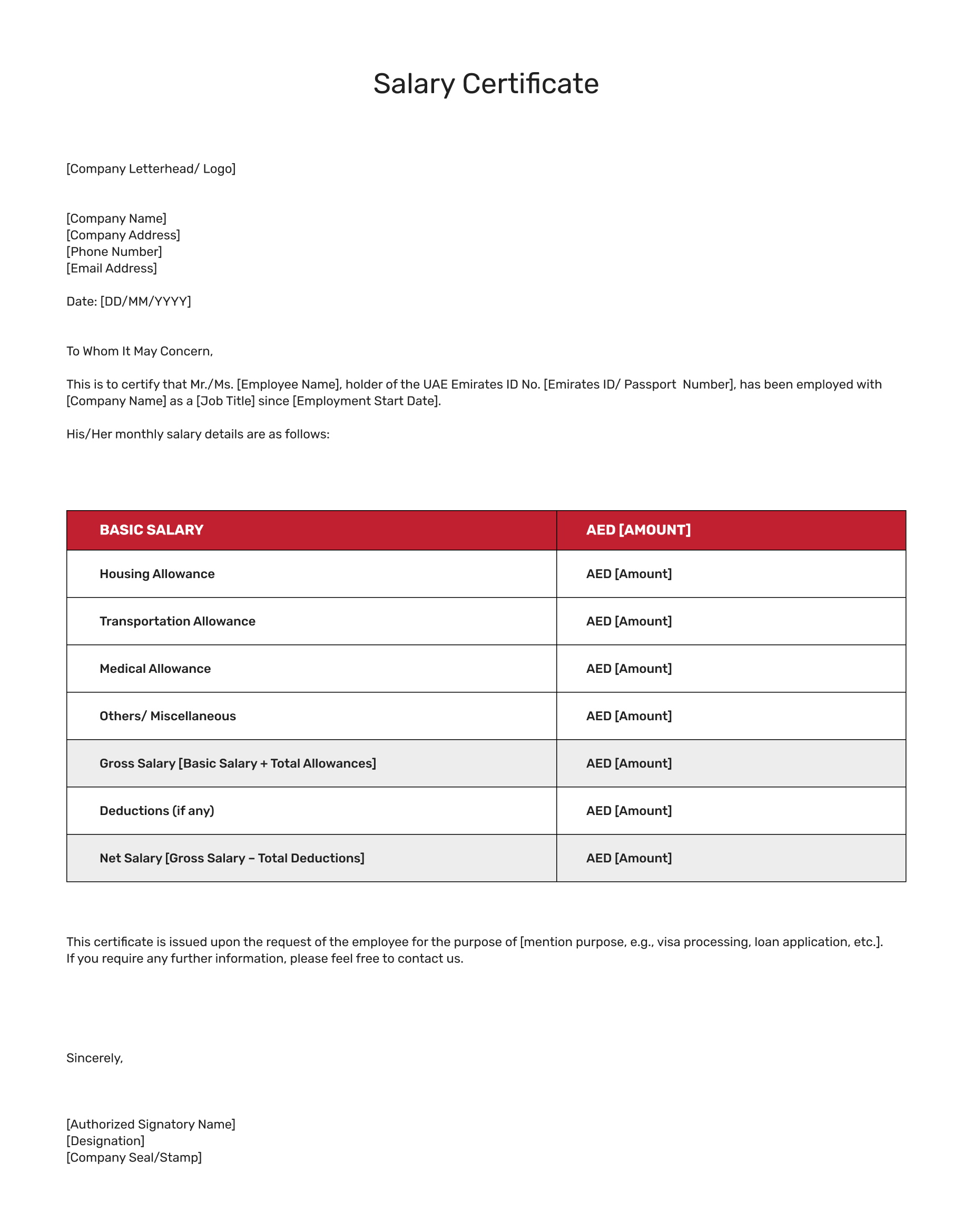 Salary Certificate Format in UAE